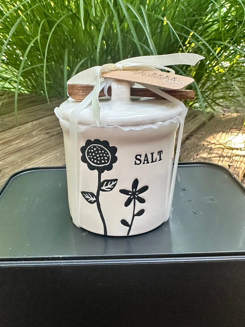 NWT Rae Dunn White Ceramic Salt Jar Canister with Lid & Mini Wooden Spoon